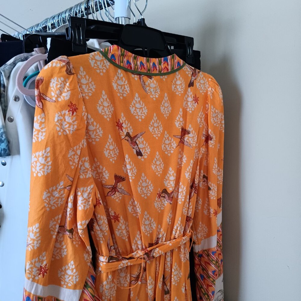 NWT Birds Flowers Alligators Cotton Maxi Sunflower Yellow Long Sleeve Dress - Picture 6 of 15